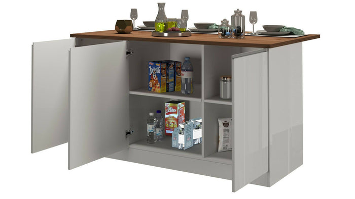 Isola da cucina Dcarnelo, Tavolo ausiliario portaoggetti, Mobile da cucina a 3 ante, 100% Made in Italy, 155x90h90 cm, Bianco lucido e Rovere