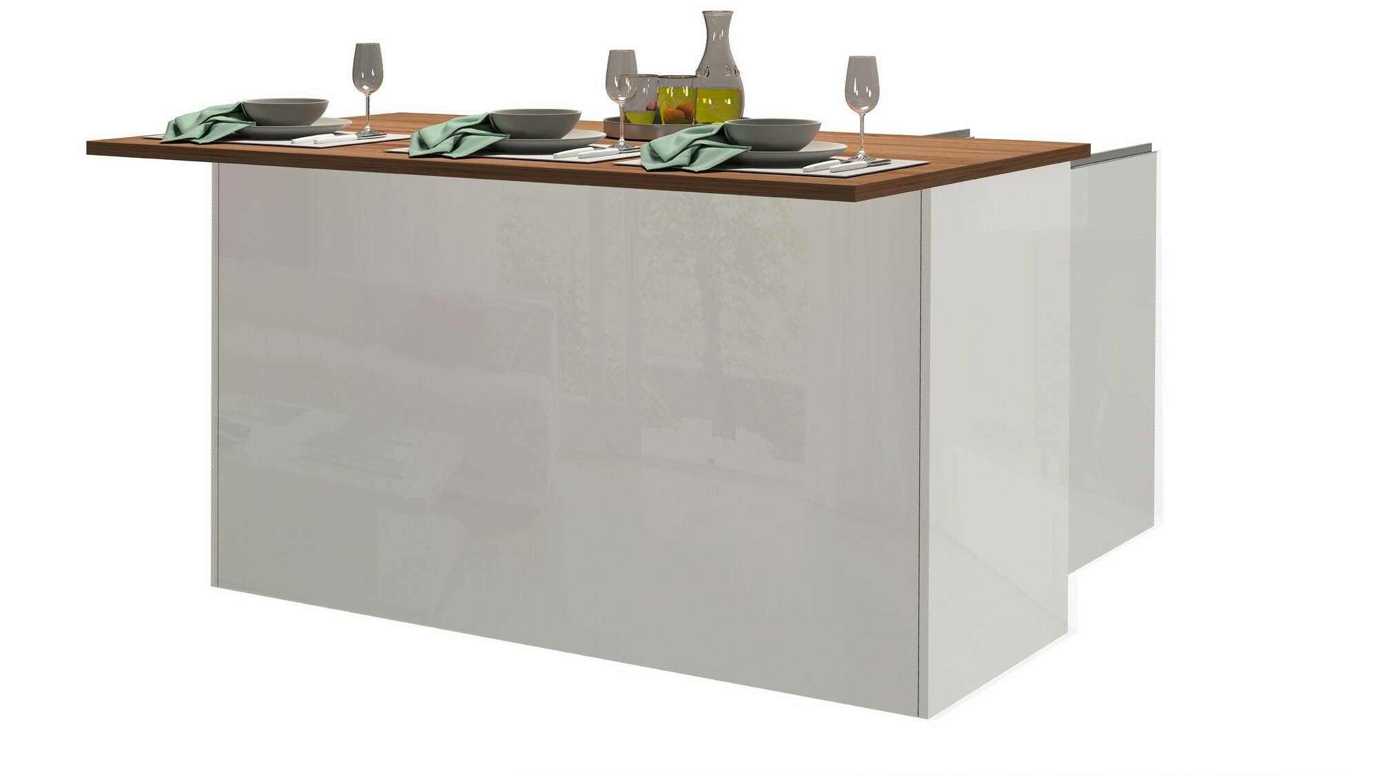 Isola da cucina Dcarnelo, Tavolo ausiliario portaoggetti, Mobile da cucina a 3 ante, 100% Made in Italy, 155x90h90 cm, Bianco lucido e Rovere