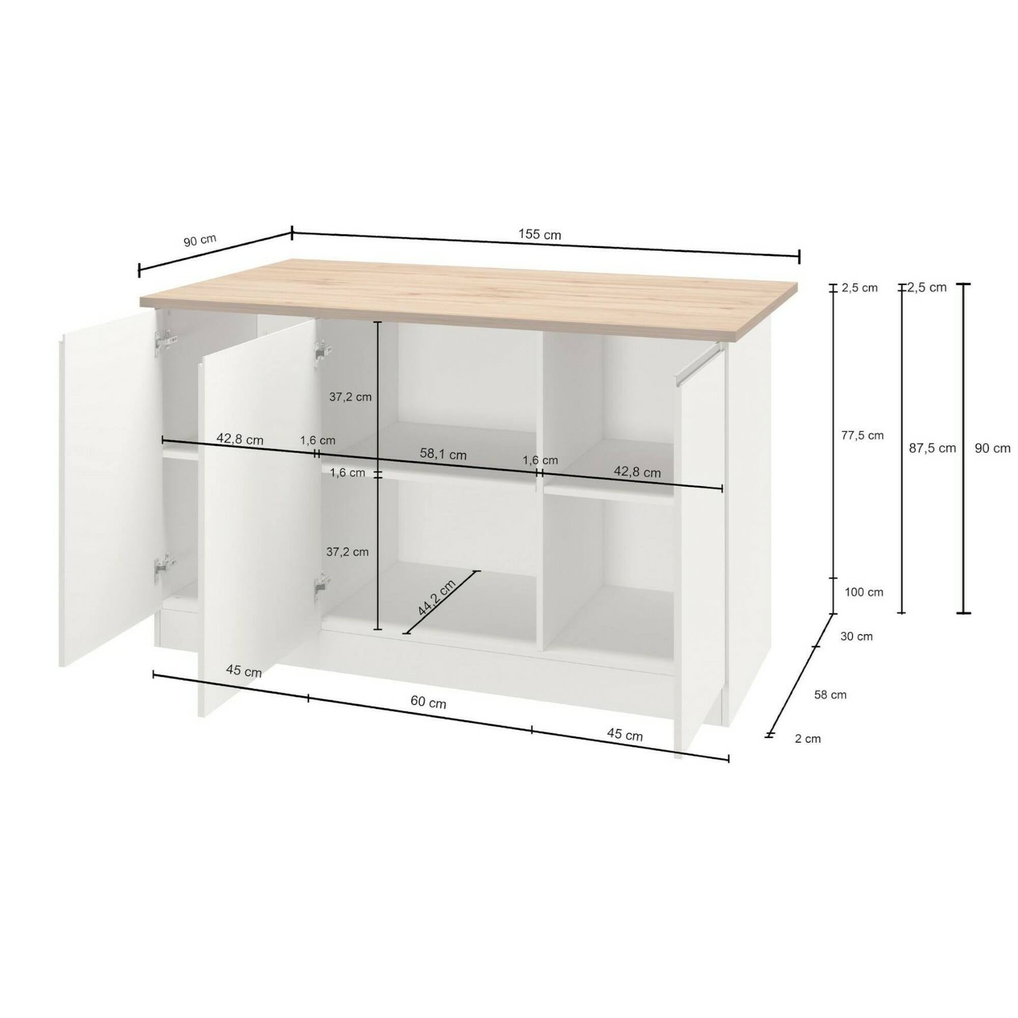 Isola da cucina Dcarnelo, Tavolo ausiliario portaoggetti, Mobile da cucina a 3 ante, 100% Made in Italy, 155x90h90 cm, Bianco lucido e Ardesia