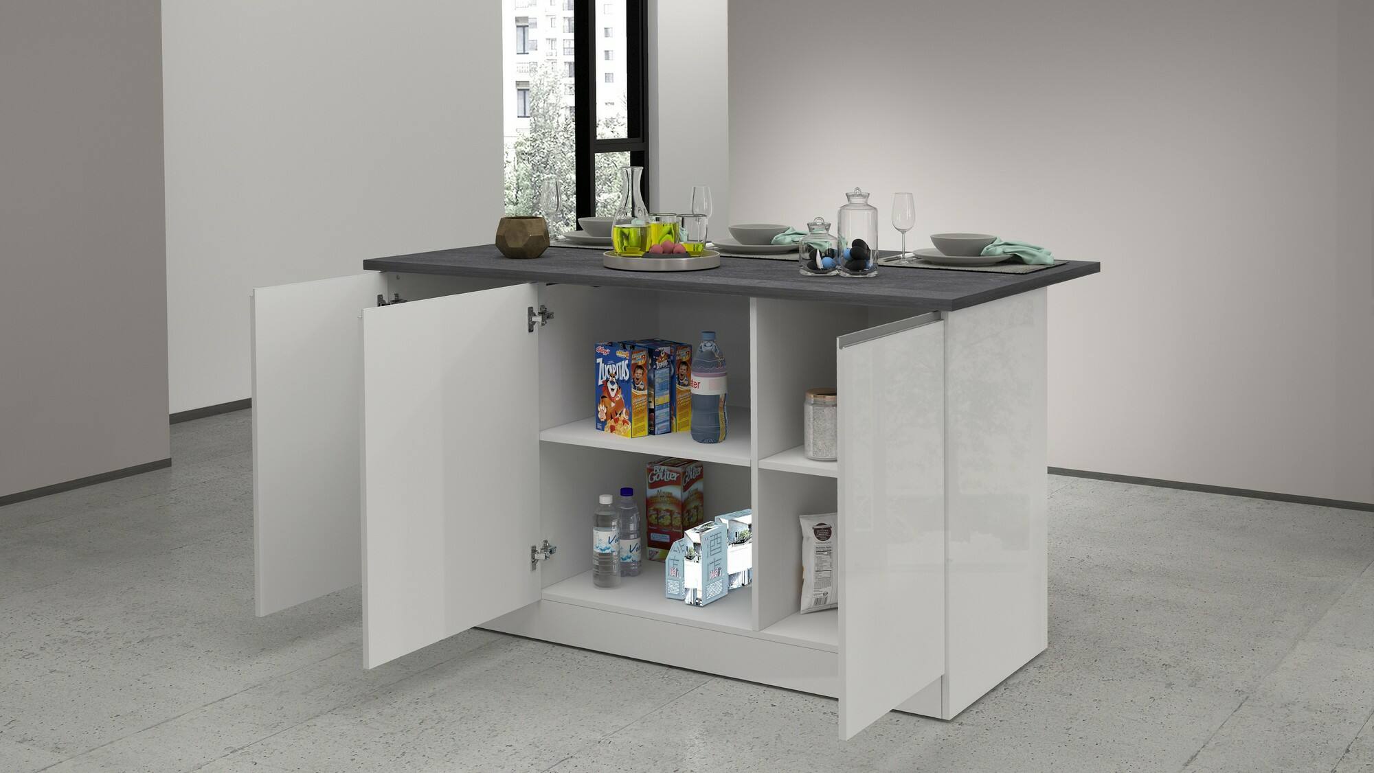 Isola da cucina Dcarnelo, Tavolo ausiliario portaoggetti, Mobile da cucina a 3 ante, 100% Made in Italy, 155x90h90 cm, Bianco lucido e Ardesia