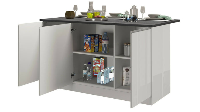 Isola da cucina Dcarnelo, Tavolo ausiliario portaoggetti, Mobile da cucina a 3 ante, 100% Made in Italy, 155x90h90 cm, Bianco lucido e Ardesia