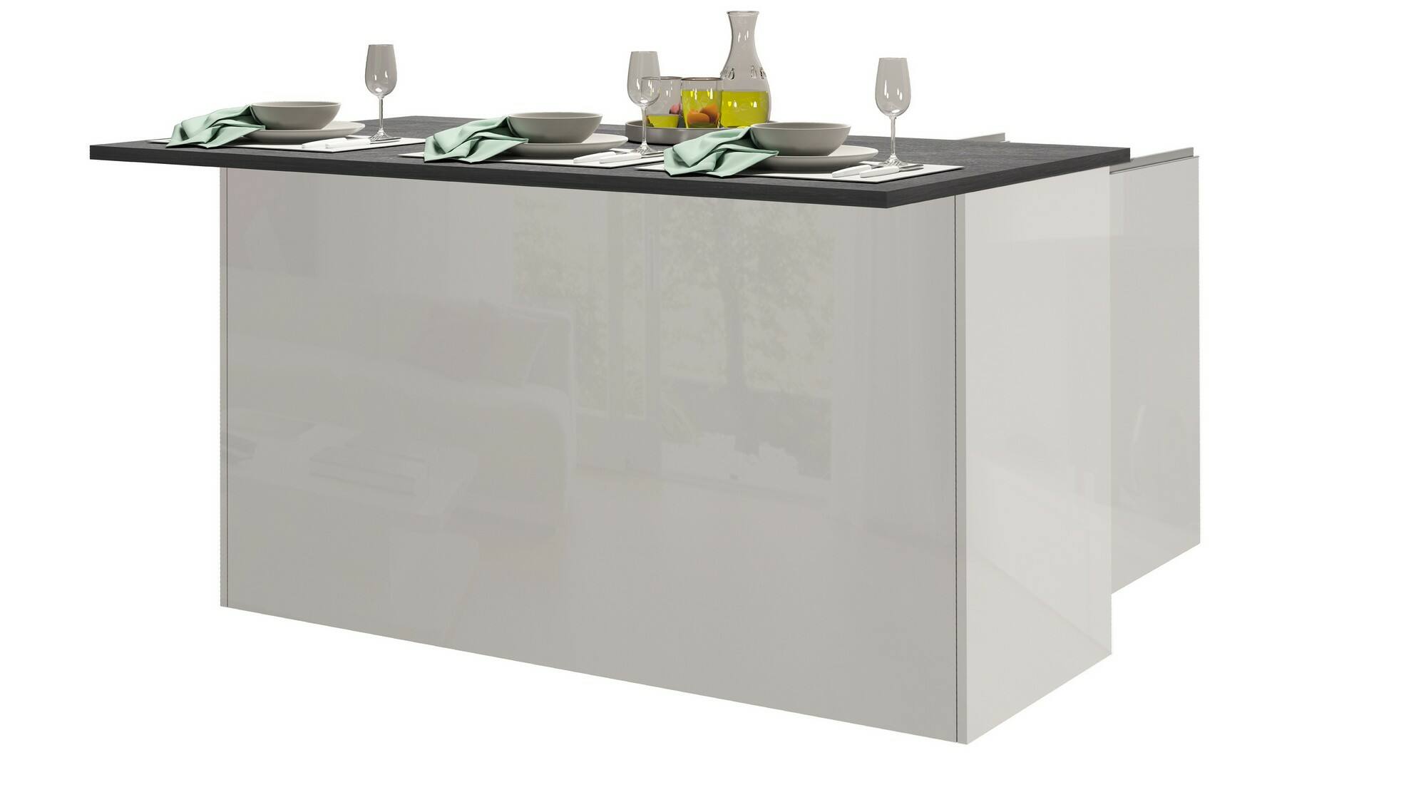 Isola da cucina Dcarnelo, Tavolo ausiliario portaoggetti, Mobile da cucina a 3 ante, 100% Made in Italy, 155x90h90 cm, Bianco lucido e Ardesia