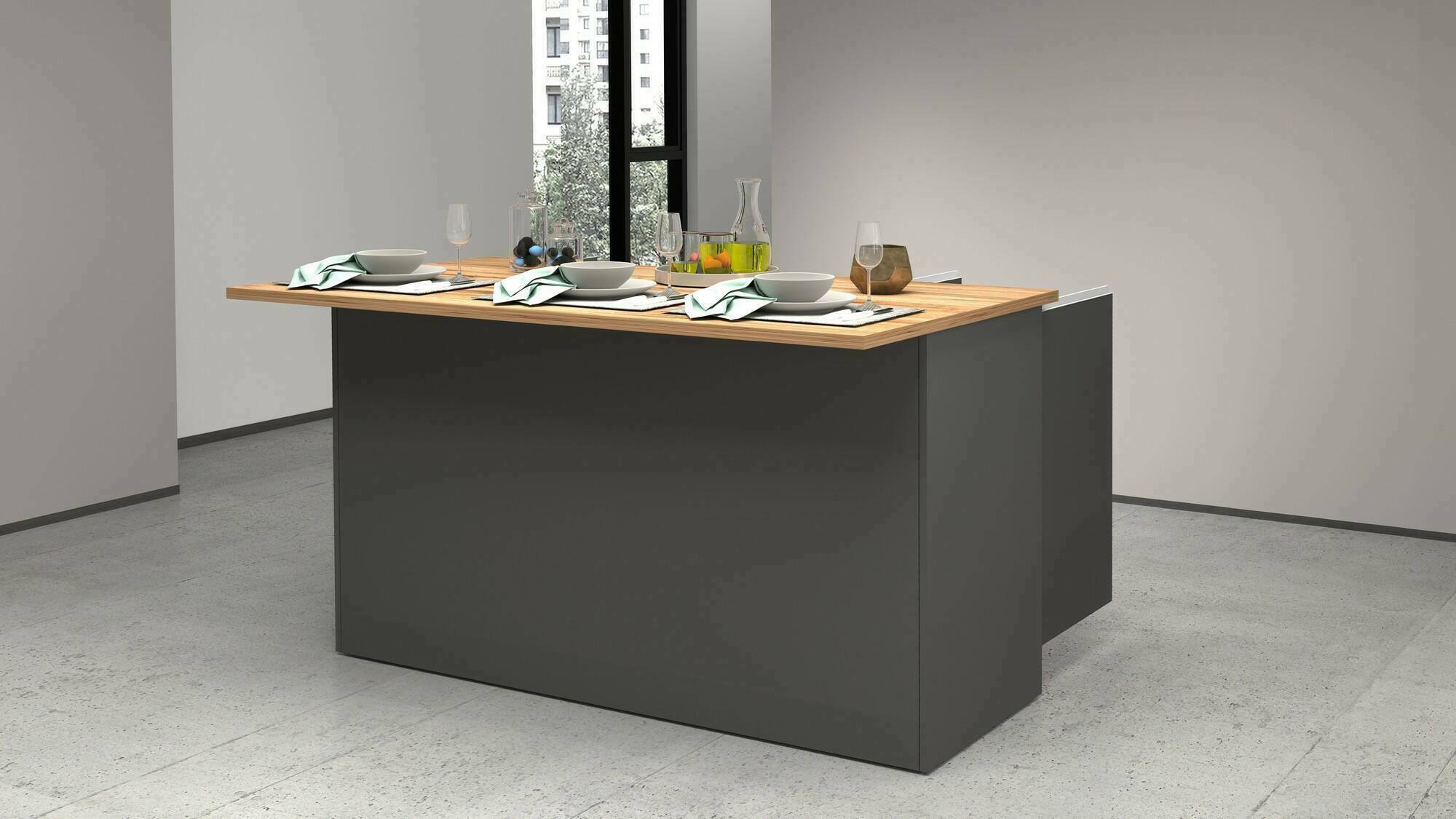 Isola da cucina Dcarnelo, Tavolo ausiliario portaoggetti, Mobile da cucina a 3 ante, 100% Made in Italy, 155x90h90 cm, Antracite e Rovere