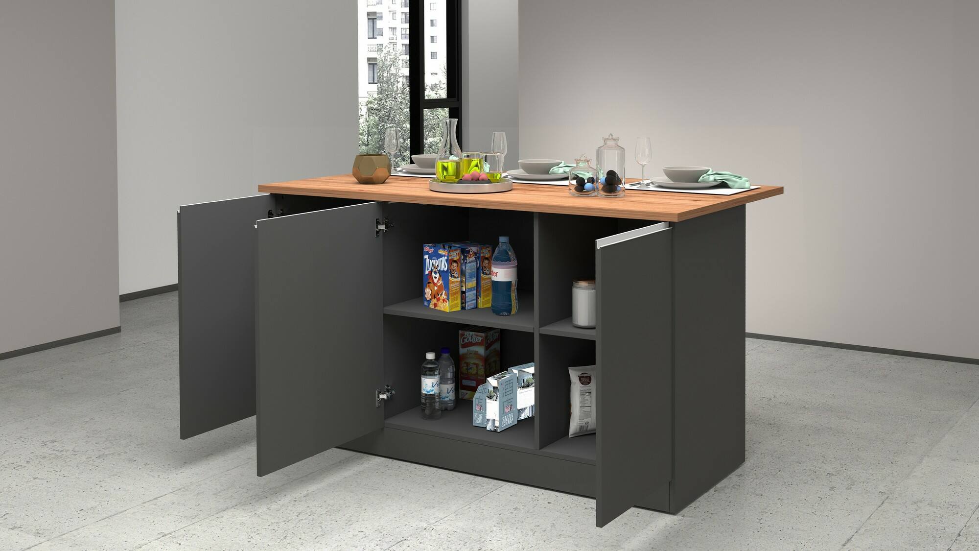 Isola da cucina Dcarnelo, Tavolo ausiliario portaoggetti, Mobile da cucina a 3 ante, 100% Made in Italy, 155x90h90 cm, Antracite e Rovere