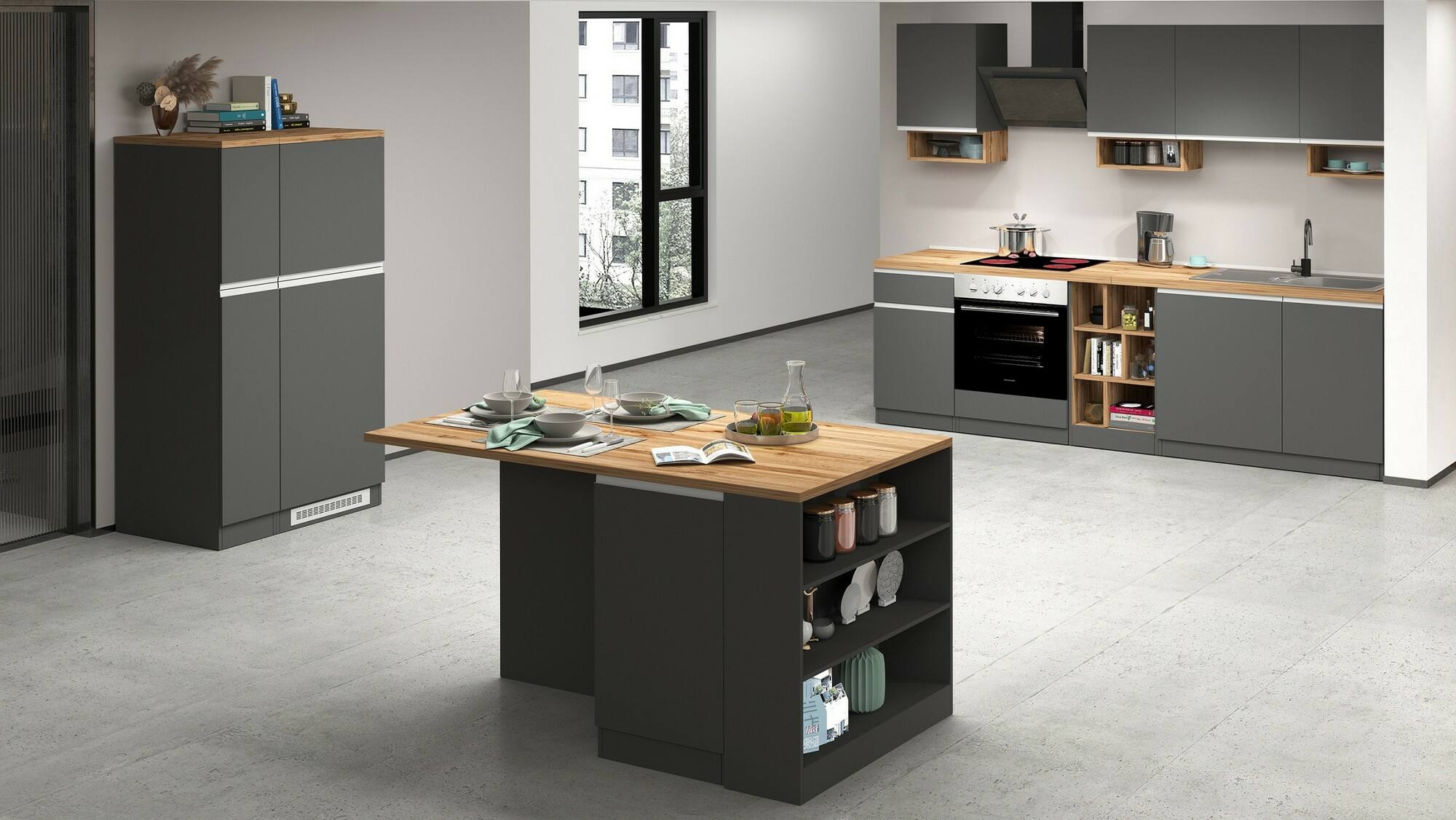 Isola da cucina Dcannaval, Tavolo ausiliario portaoggetti, Mobile da cucina a 2 ante, 100% Made in Italy, 160x90h90 cm, Antracite e Rovere