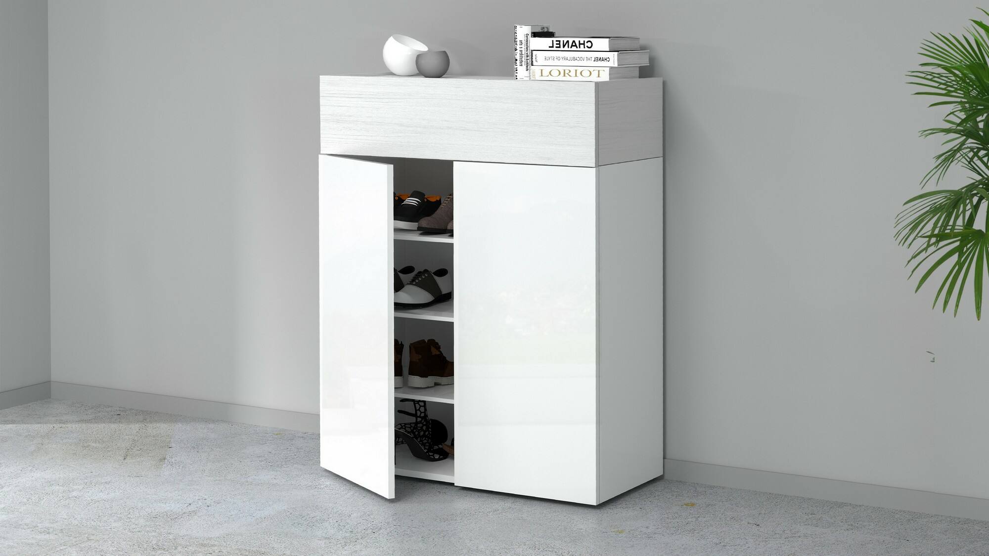 Scarpiera Oliviero, Porta scarpe salvaspazio a 3 ante, Armadio multifunzione da ingresso, 76x38h100 cm, Bianco effetto larice