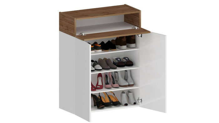 Scarpiera Oliviero, Porta scarpe salvaspazio a 3 ante, Armadio multifunzione da ingresso, 76x38h100 cm, Bianco e Rovere