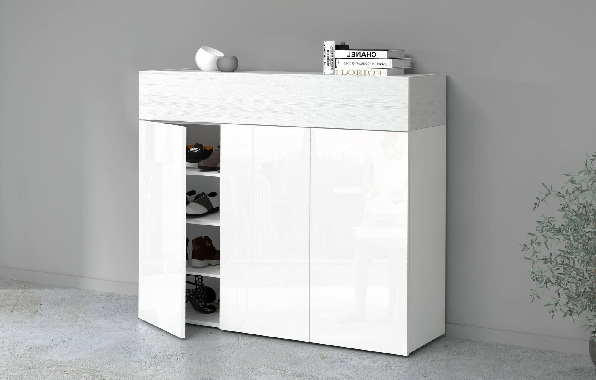 Scarpiera Dcanestrell, Porta scarpe salvaspazio a 4 ante, Armadio multifunzione da ingresso, 114x38h100 cm, Bianco effetto larice