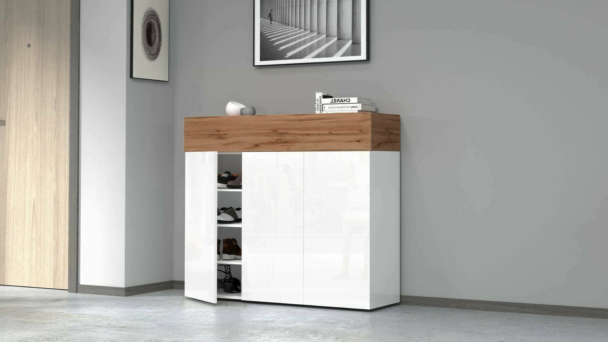 Scarpiera Dcanestrell, Porta scarpe salvaspazio a 4 ante, Armadio multifunzione da ingresso, 114x38h100 cm, Bianco e Rovere