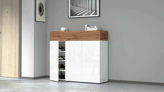 Scarpiera Dcanestrell, Porta scarpe salvaspazio a 4 ante, Armadio multifunzione da ingresso, 114x38h100 cm, Bianco e Rovere