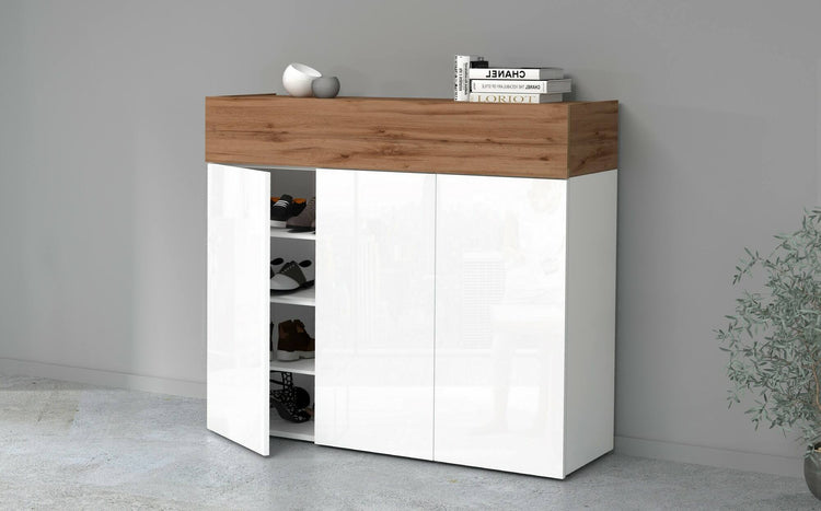 Scarpiera Dcanestrell, Porta scarpe salvaspazio a 4 ante, Armadio multifunzione da ingresso, 114x38h100 cm, Bianco e Rovere