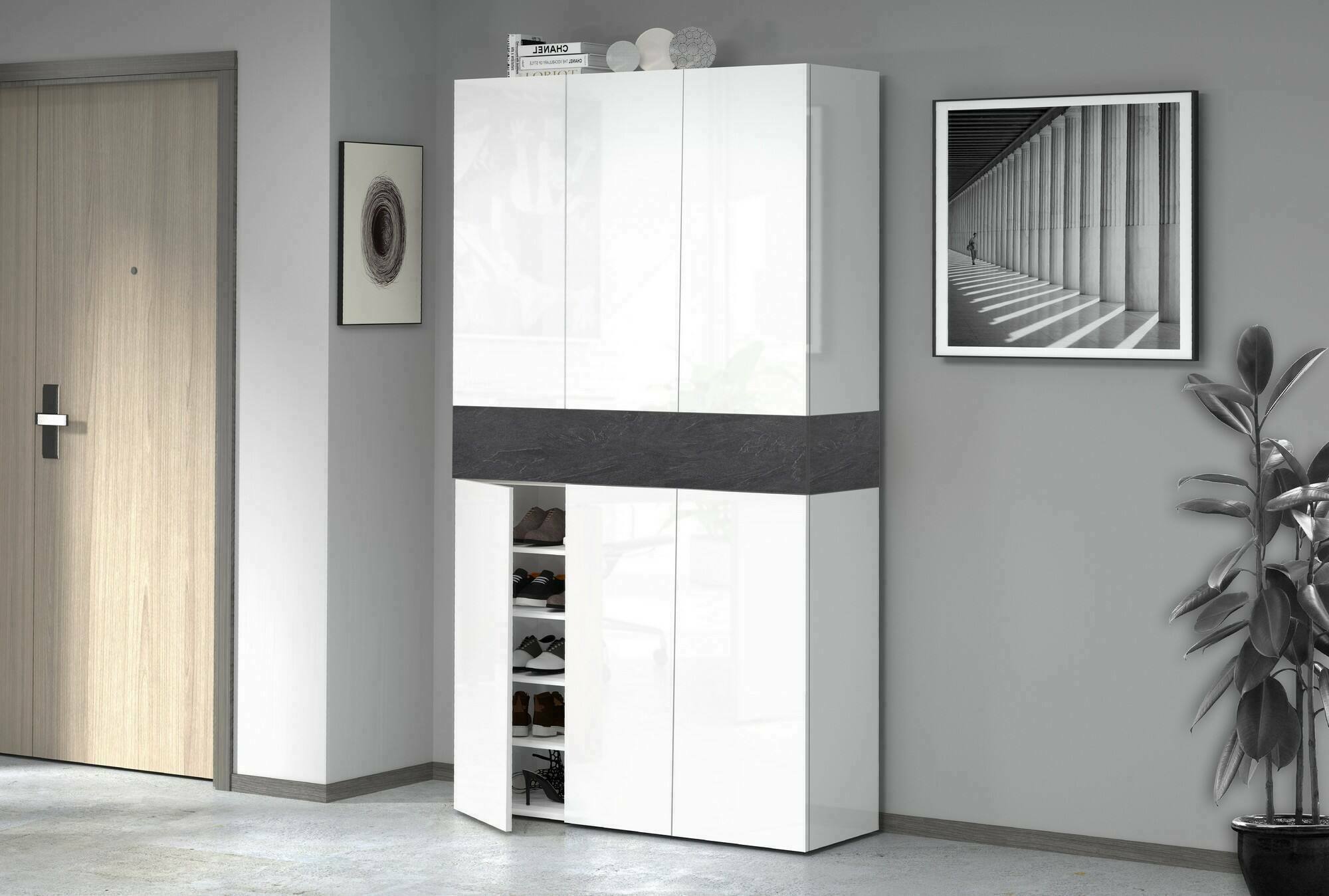 Scarpiera Dcancellier, Porta scarpe salvaspazio a 7 ante, Armadio multifunzione da ingresso, 114x38h200 cm, Bianco e Ardesia