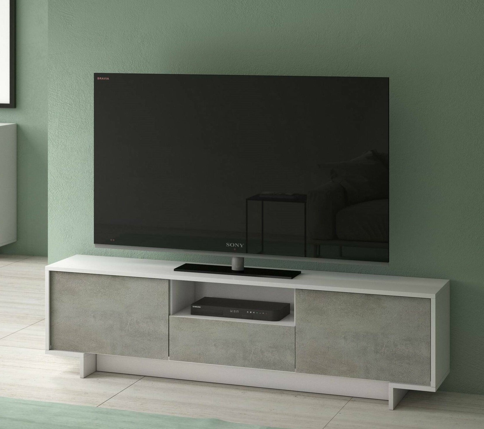 Mobile Porta TV Darrighin, Supporto per televisione da salotto, Credenza bassa da soggiorno a 2 ante e 1 cassetto, 100% Made in Italy, 170x42h48 cm, Bianco e Cemento