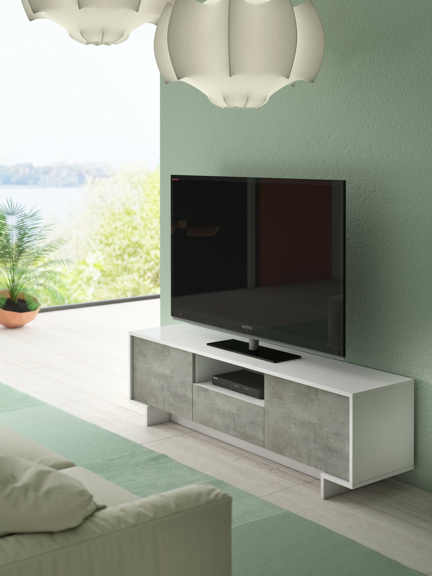 Mobile Porta TV Darrighin, Supporto per televisione da salotto, Credenza bassa da soggiorno a 2 ante e 1 cassetto, 100% Made in Italy, 170x42h48 cm, Bianco e Cemento