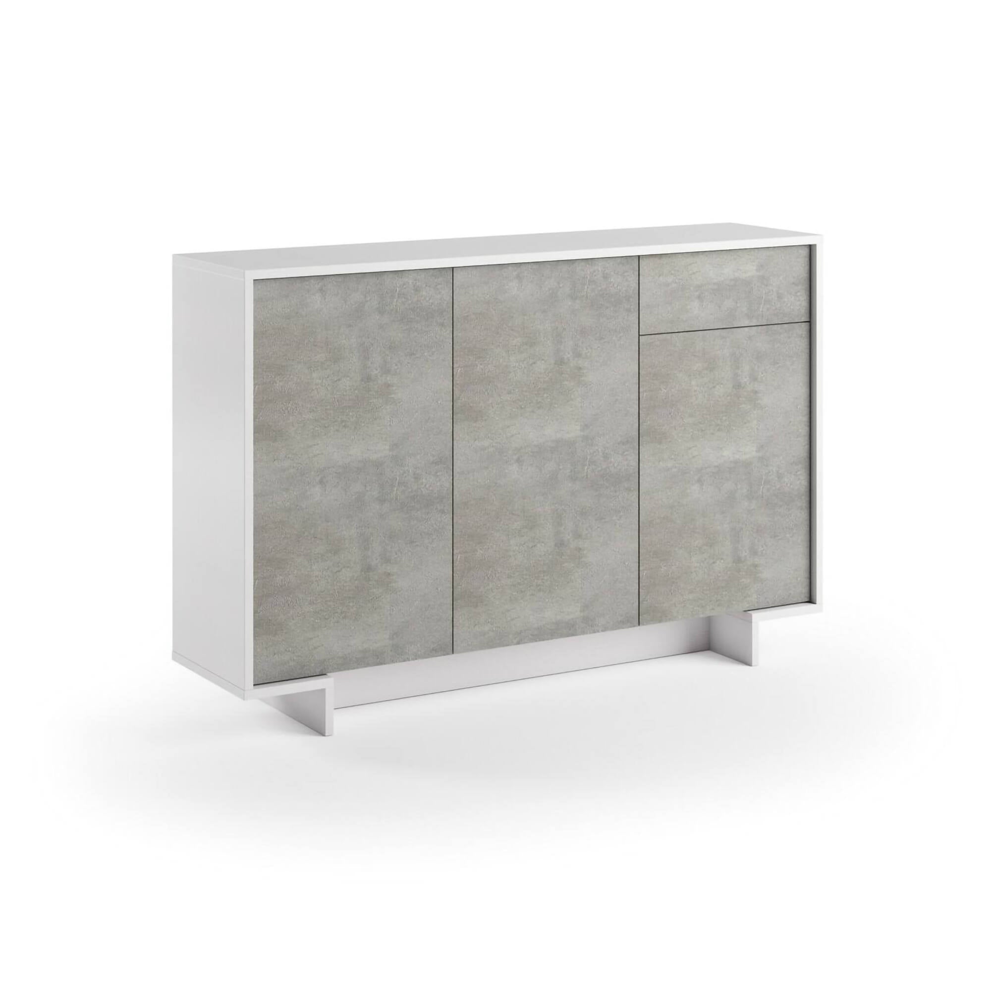 Credenza Dbakayok, Madia da salotto, Buffet da soggiorno a 3 ante e 1 cassetto, 100% Made in Italy, 134x35h87 cm, Bianco e Cemento