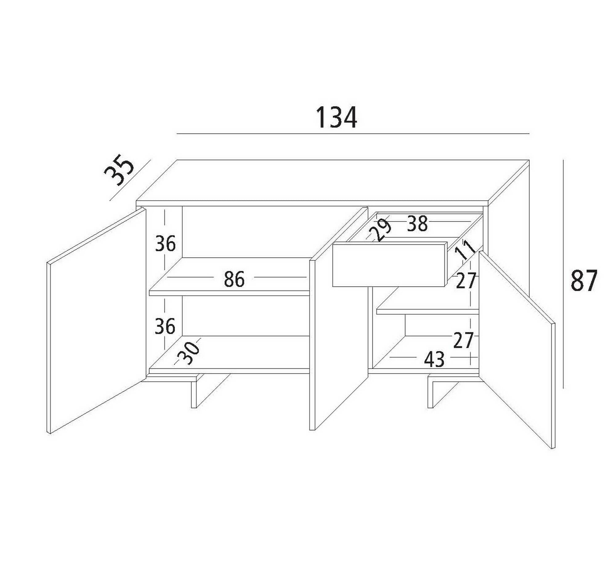 Credenza Dbakayok, Madia da salotto, Buffet da soggiorno a 3 ante e 1 cassetto, 100% Made in Italy, 134x35h87 cm, Bianco e Cemento