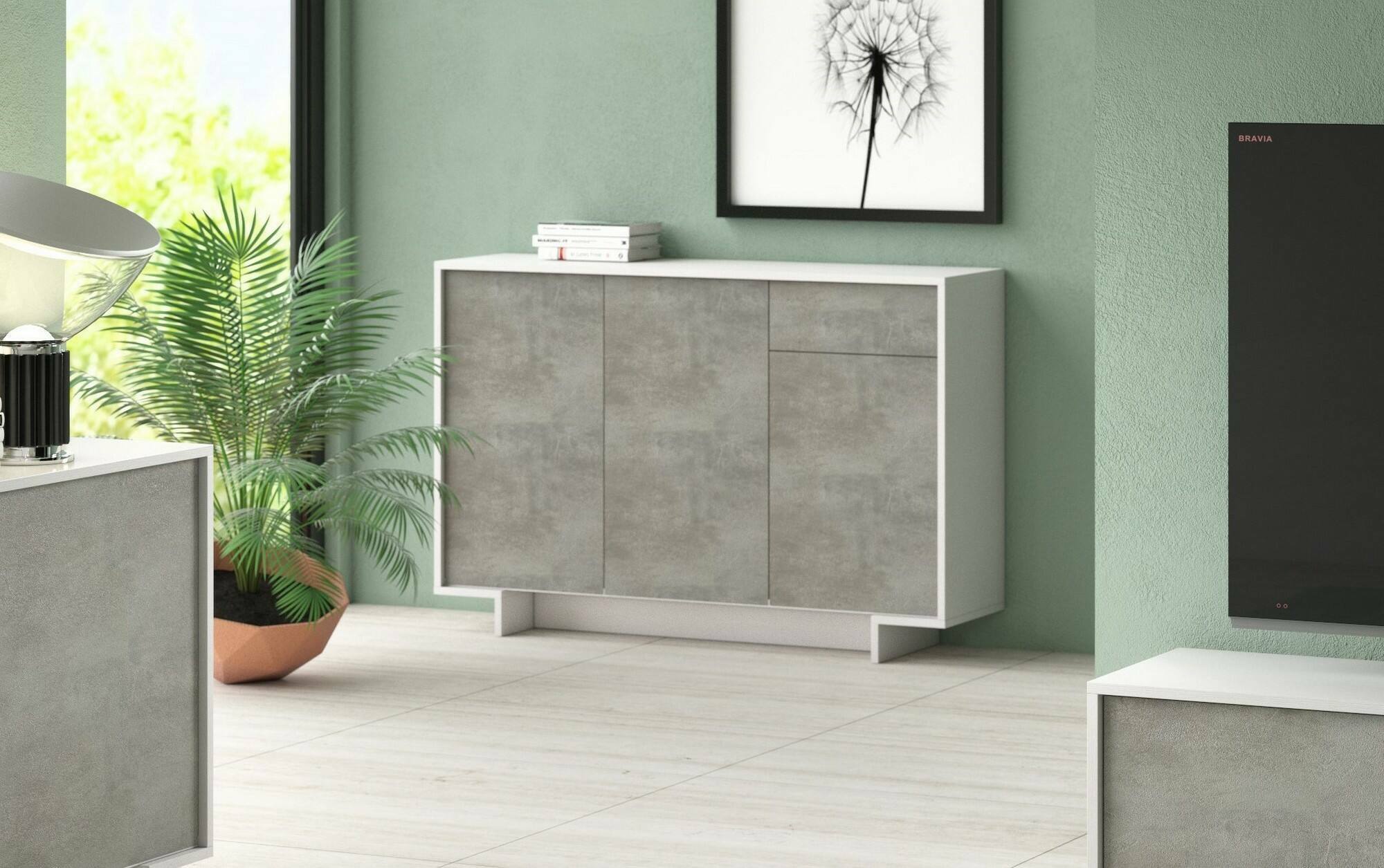 Credenza Dbakayok, Madia da salotto, Buffet da soggiorno a 3 ante e 1 cassetto, 100% Made in Italy, 134x35h87 cm, Bianco e Cemento