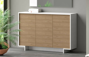 Credenza Dbakayok, Madia da salotto, Buffet da soggiorno a 3 ante e 1 cassetto, 100% Made in Italy, 134x35h87 cm, Bianco e Rovere