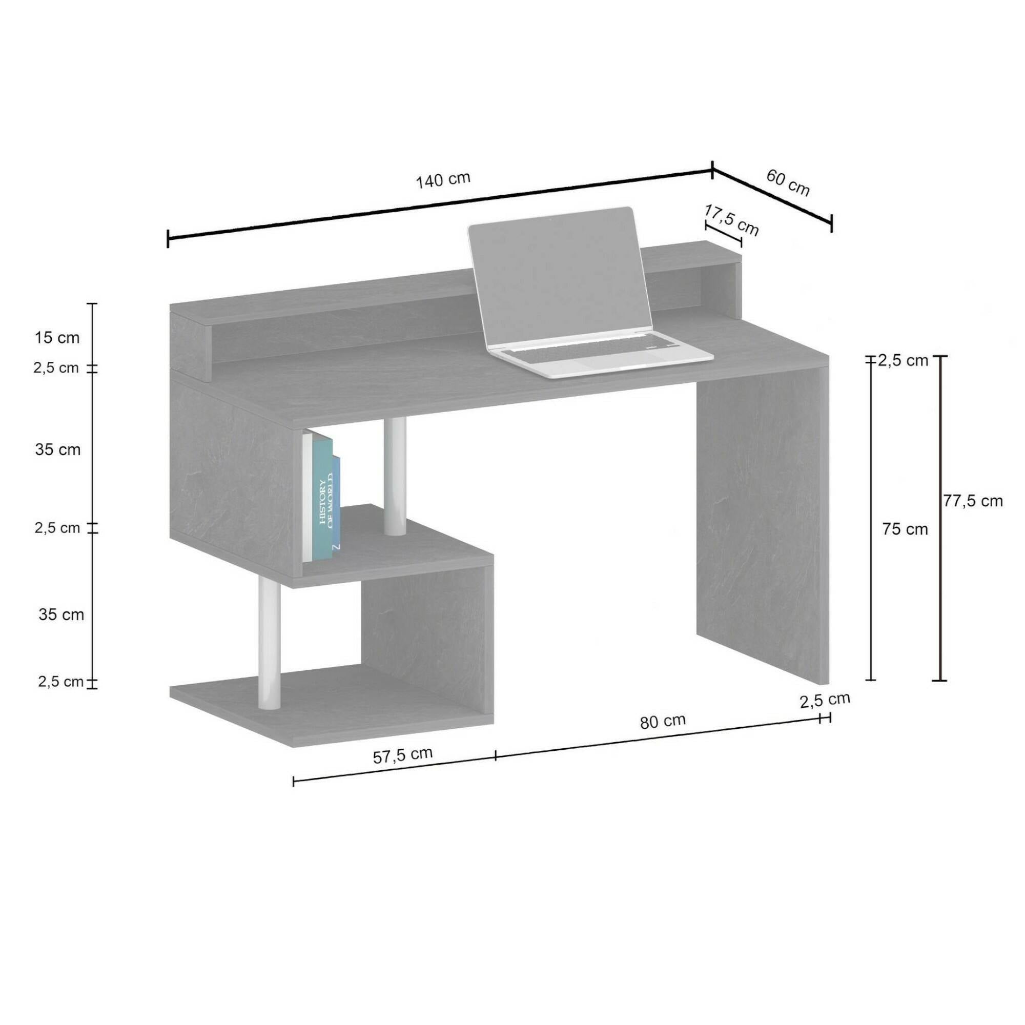 Scrivania Dcaldirol, Scrittoio lineare con ripiani portaoggetti e luci LED, Scrivania ufficio multiuso con sopralzo, 140x60h93 cm, Rovere