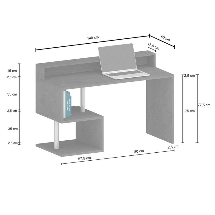 Scrivania Dcaldirol, Scrittoio lineare con ripiani portaoggetti e luci LED, Scrivania ufficio multiuso con sopralzo, 140x60h93 cm, Rovere