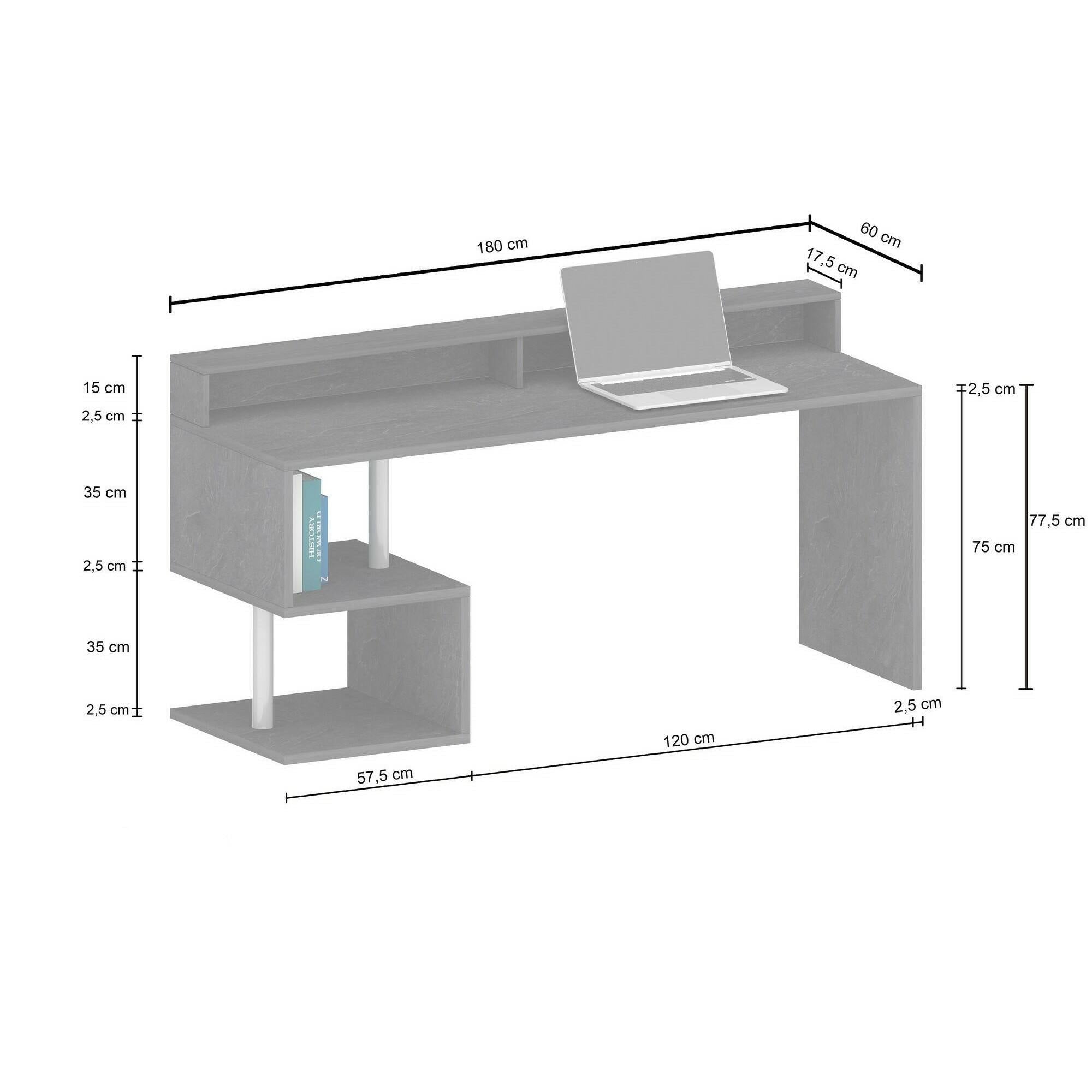 Scrivania Dcalebokol, Scrittoio lineare con ripiani portaoggetti e luci LED, Scrivania ufficio multiuso con sopralzo, 180x92,5h60 cm, Rovere