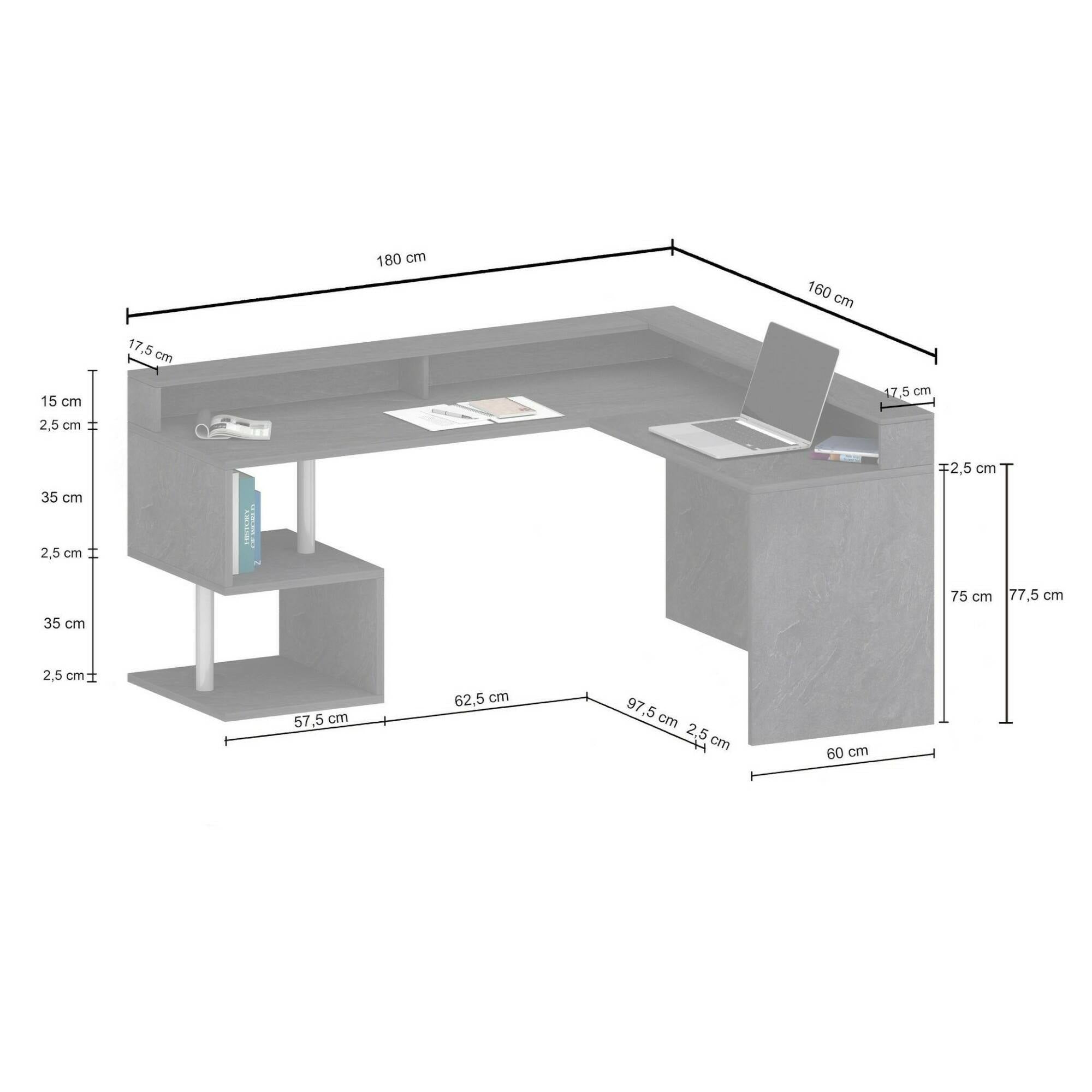 Scrivania Dcalhanogl, Scrittoio angolare con ripiani portaoggetti e luci LED, Scrivania ufficio multiuso con sopralzo, 180x60h93 cm, Rovere