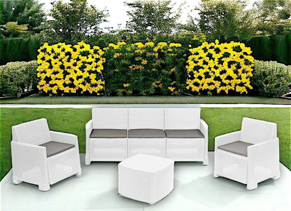 Set salotto da esterno Dbellucc, Composizione da giardino con 2 poltrone, 1 divano e 1 tavolino contenitore, Effetto rattan con cuscini, 100% Made in Italy, Bianco