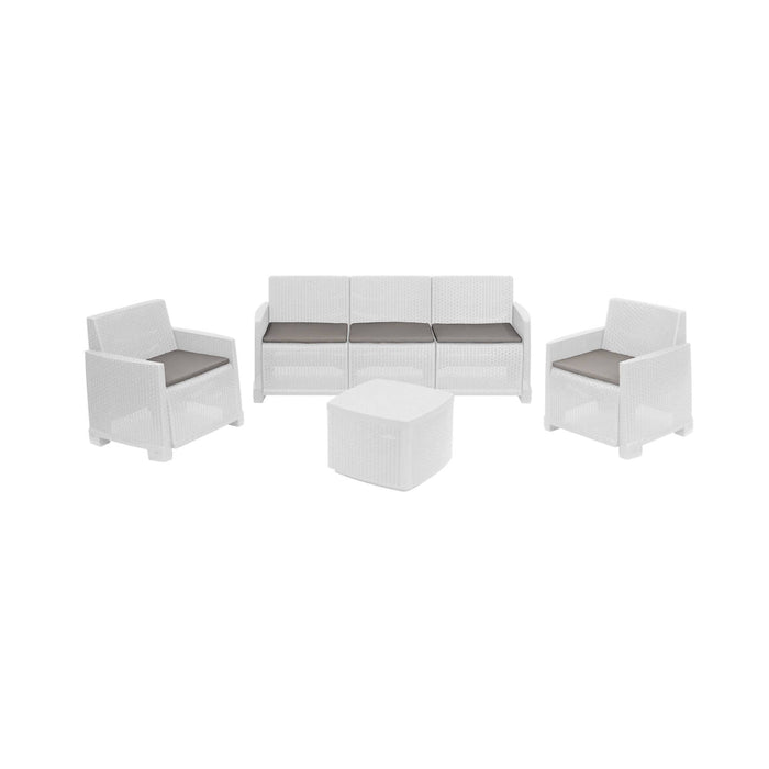 Set salotto da esterno Dbellucc, Composizione da giardino con 2 poltrone, 1 divano e 1 tavolino contenitore, Effetto rattan con cuscini, 100% Made in Italy, Bianco