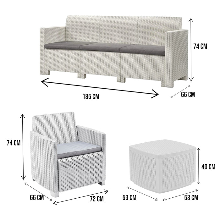 Set salotto da esterno Dbellucc, Composizione da giardino con 2 poltrone, 1 divano e 1 tavolino contenitore, Effetto rattan con cuscini, 100% Made in Italy, Bianco