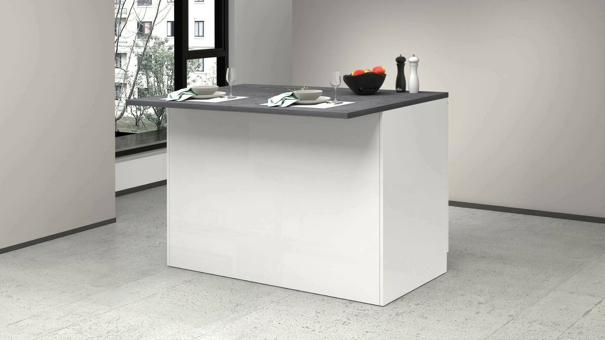 Isola da cucina Daffaticat, Mobile da cucina a 2 ante, Tavolo ausiliario portaoggetti, 100% Made in Italy, 125x90h90 cm, Bianco lucido e Ardesia