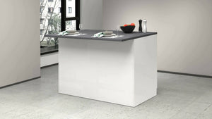 Isola da cucina Daffaticat, Mobile da cucina a 2 ante, Tavolo ausiliario portaoggetti, 100% Made in Italy, 125x90h90 cm, Bianco lucido e Ardesia