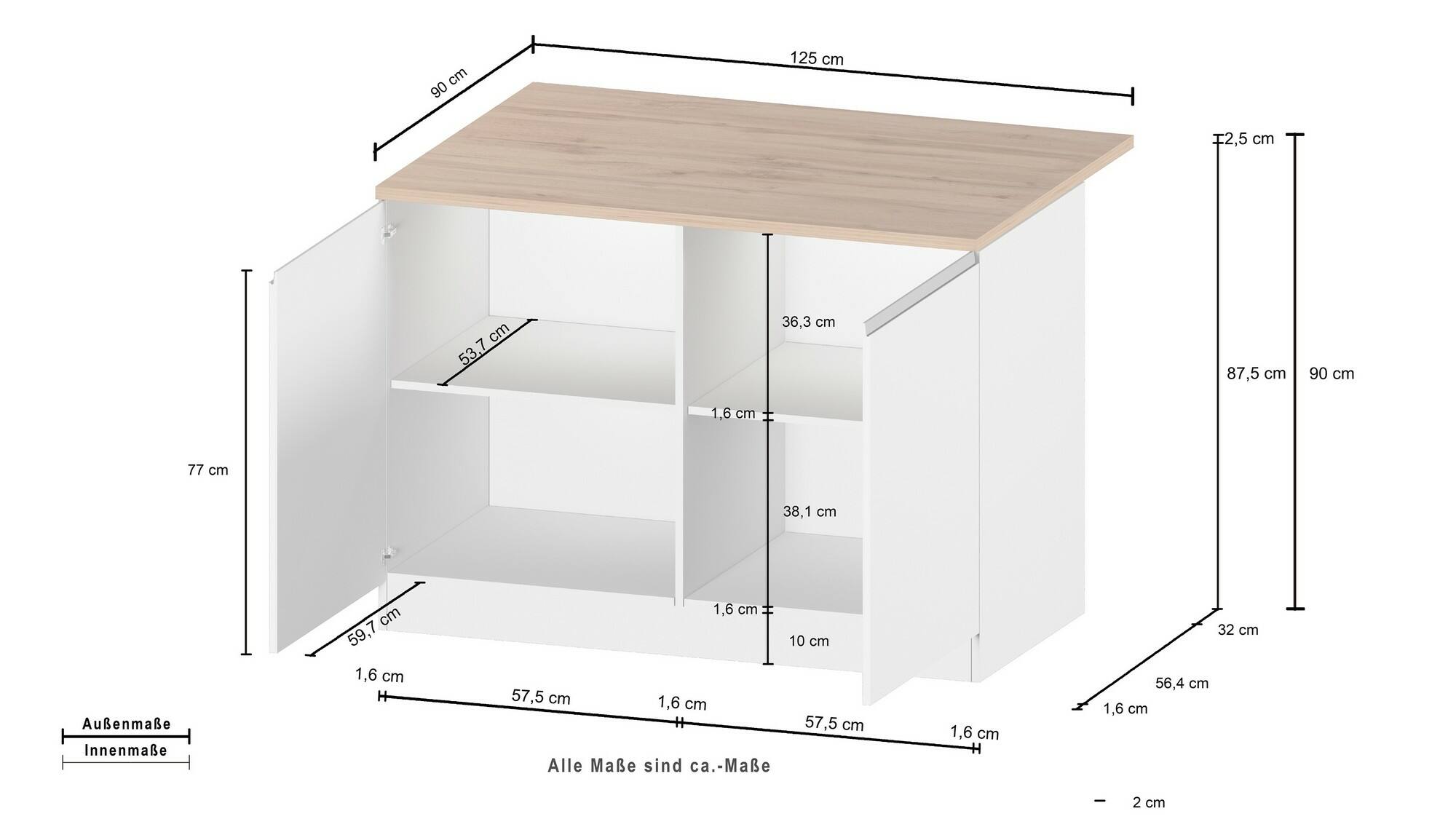 Isola da cucina Daffaticat, Mobile da cucina a 2 ante, Tavolo ausiliario portaoggetti, 100% Made in Italy, 125x90h90 cm, Bianco lucido e Ardesia