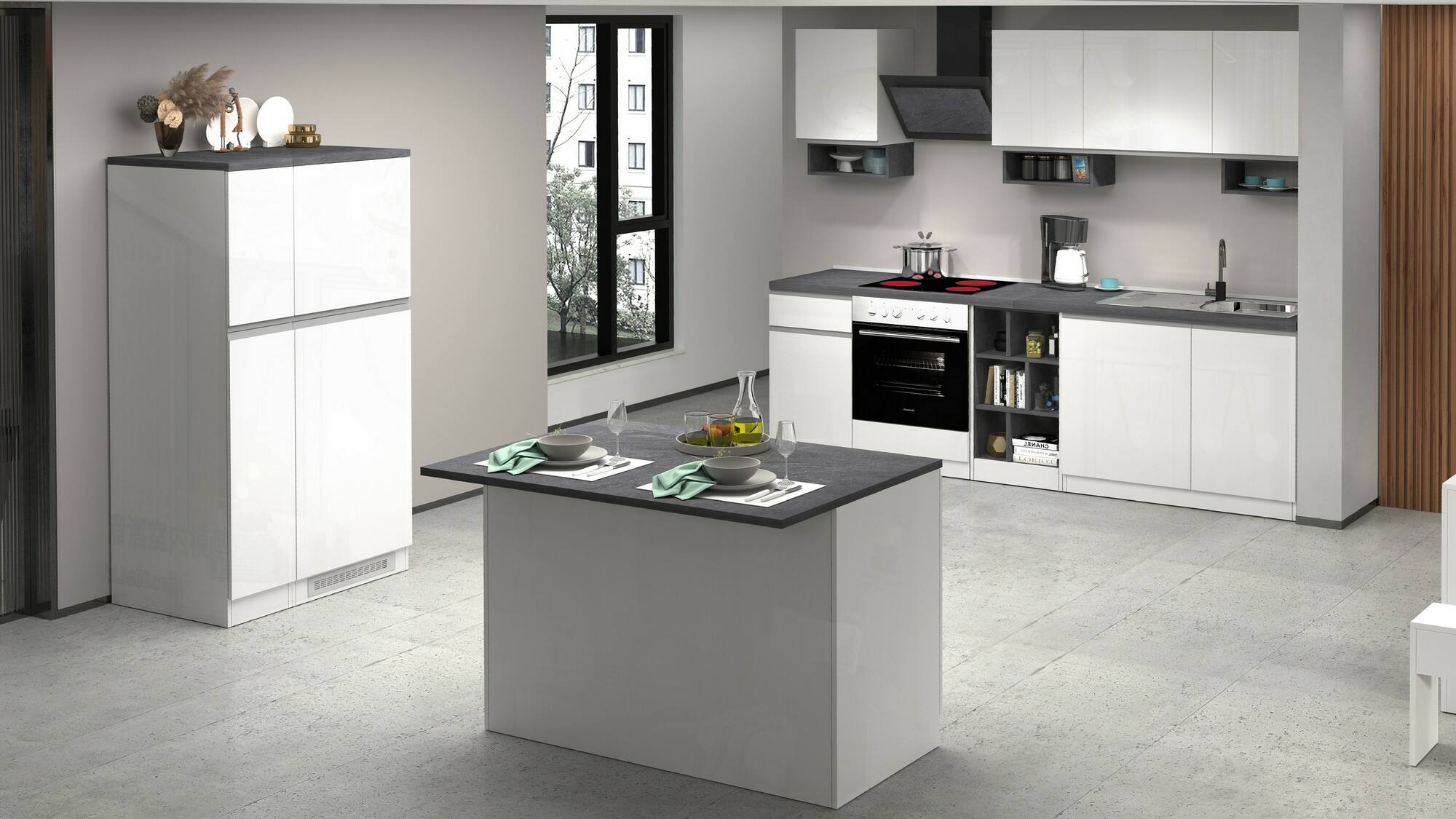 Isola da cucina Daffaticat, Mobile da cucina a 2 ante, Tavolo ausiliario portaoggetti, 100% Made in Italy, 125x90h90 cm, Bianco lucido e Ardesia