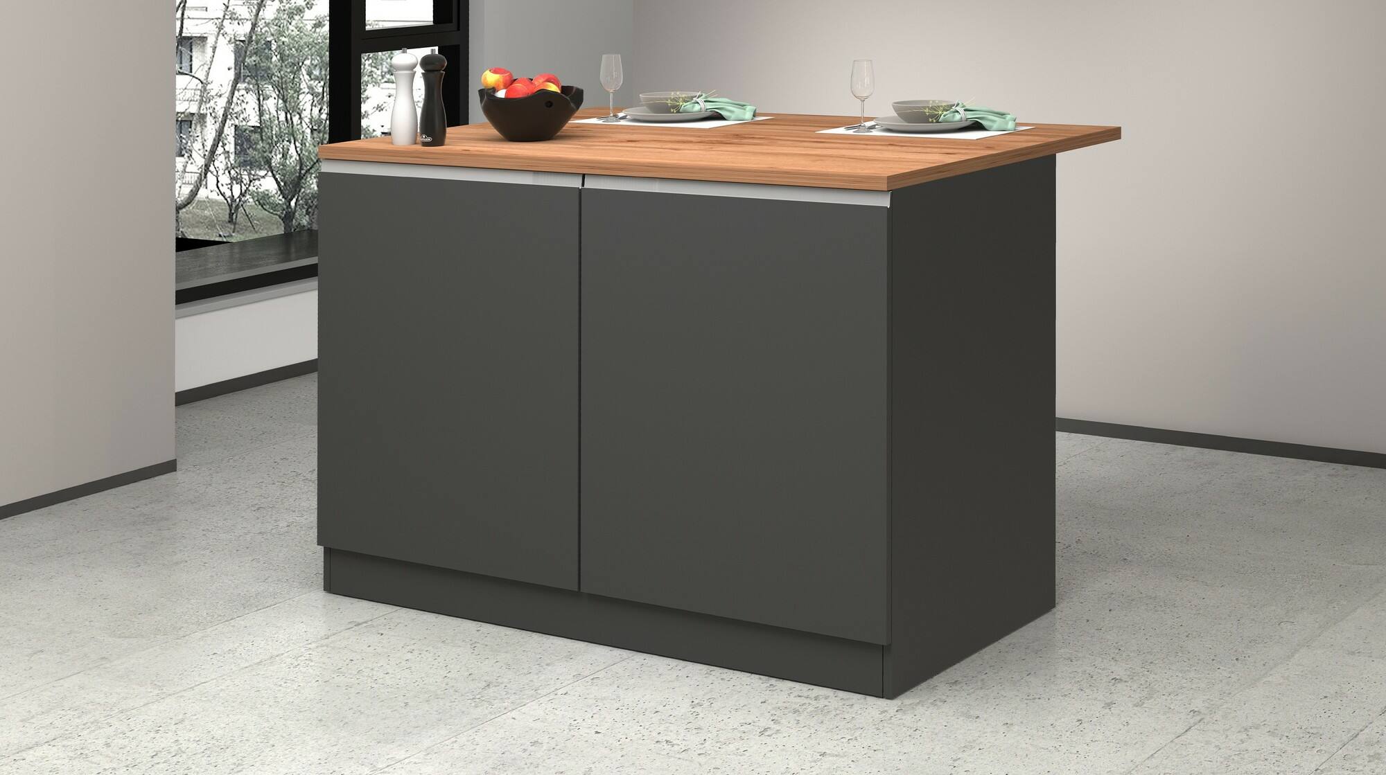 Isola da cucina Daffaticat, Tavolo ausiliario portaoggetti, Mobile da cucina a 2 ante, 100% Made in Italy, 125x90h90 cm, Antracite e Rovere