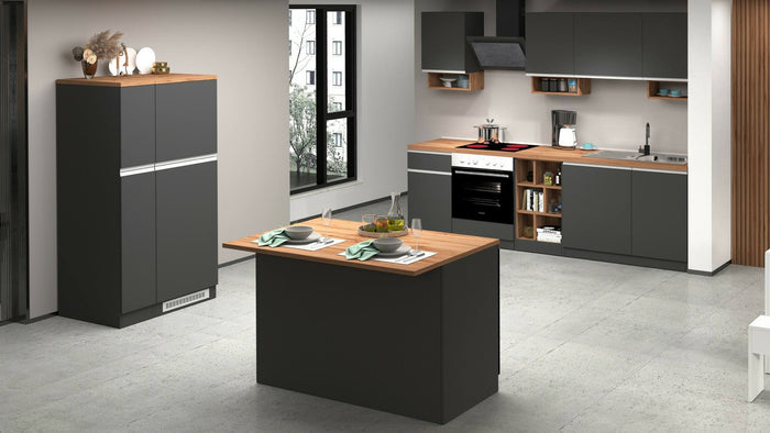 Isola da cucina Daffaticat, Tavolo ausiliario portaoggetti, Mobile da cucina a 2 ante, 100% Made in Italy, 125x90h90 cm, Antracite e Rovere