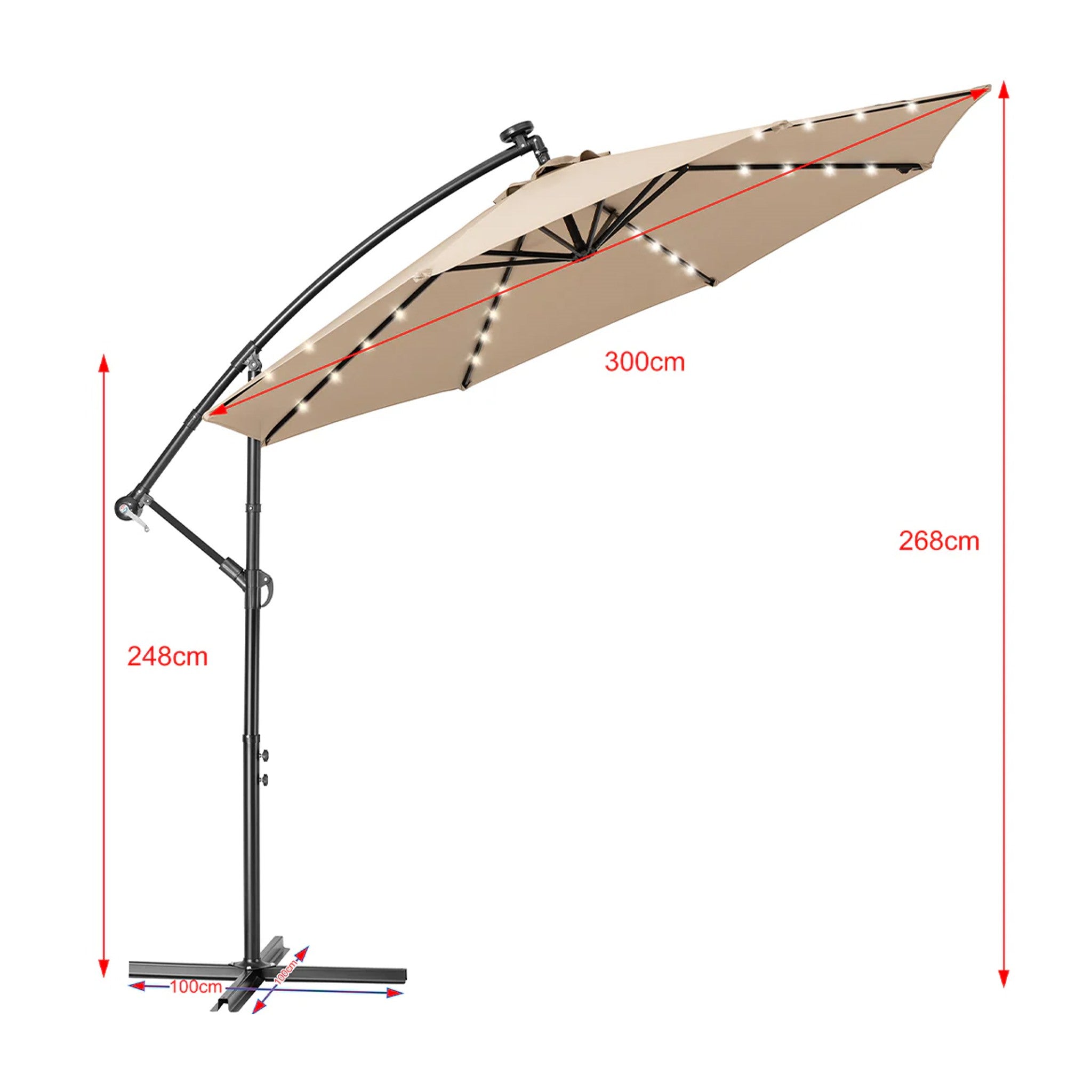 Ombrellone Giardino 3 mt con Luce LED Solare Palo Decentrato con Carrucola Ecru - 32 LED - CON PANNELLO SOLARE