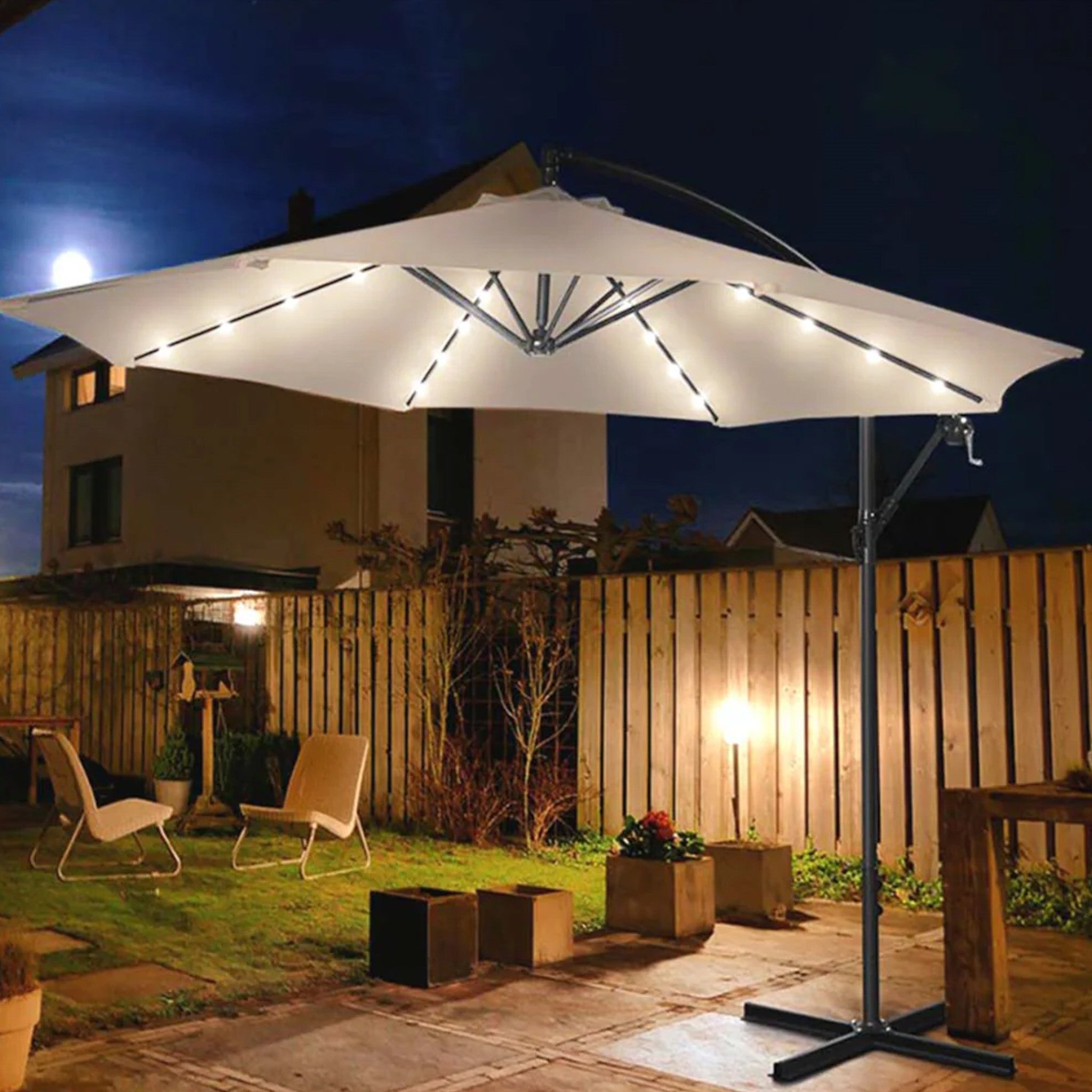 Ombrellone Giardino 3 mt con Luce LED Solare Palo Decentrato con Carrucola Ecru - 32 LED - CON PANNELLO SOLARE