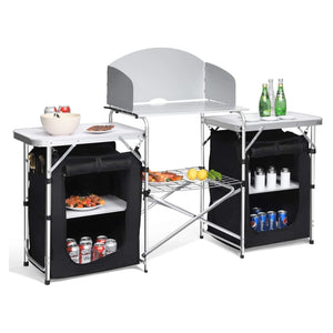 Cucina Da Campeggio Pieghevole In Alluminio Con Cucinotto Con Paravento Nero - 2 Vani Portaoggetti In Tessuto Nero 173,5 x 49 x 111 cm