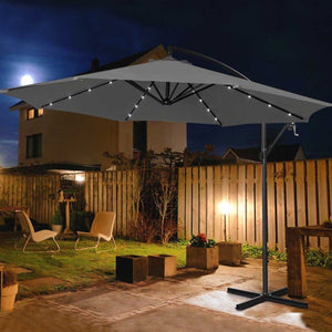 Ombrellone Giardino 3mt con Luce LED Solare Palo Decentrato con Carrucola Grigio  - 32 LED - CON PANNELLO SOLARE