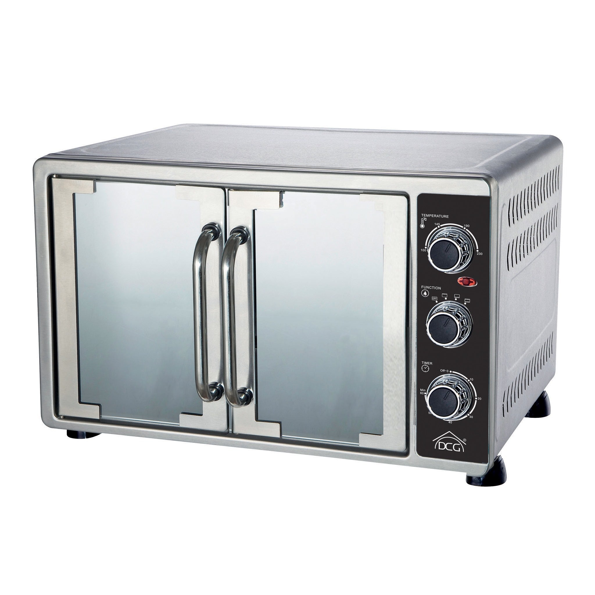 DCG Eltronic MBS58 - Forno elettrico ventilato, doppia porta, capacità 58 litri, in acciaio inossidabile color argento, termostato regolabile, temperatura max 230°C, timer 60 minuti