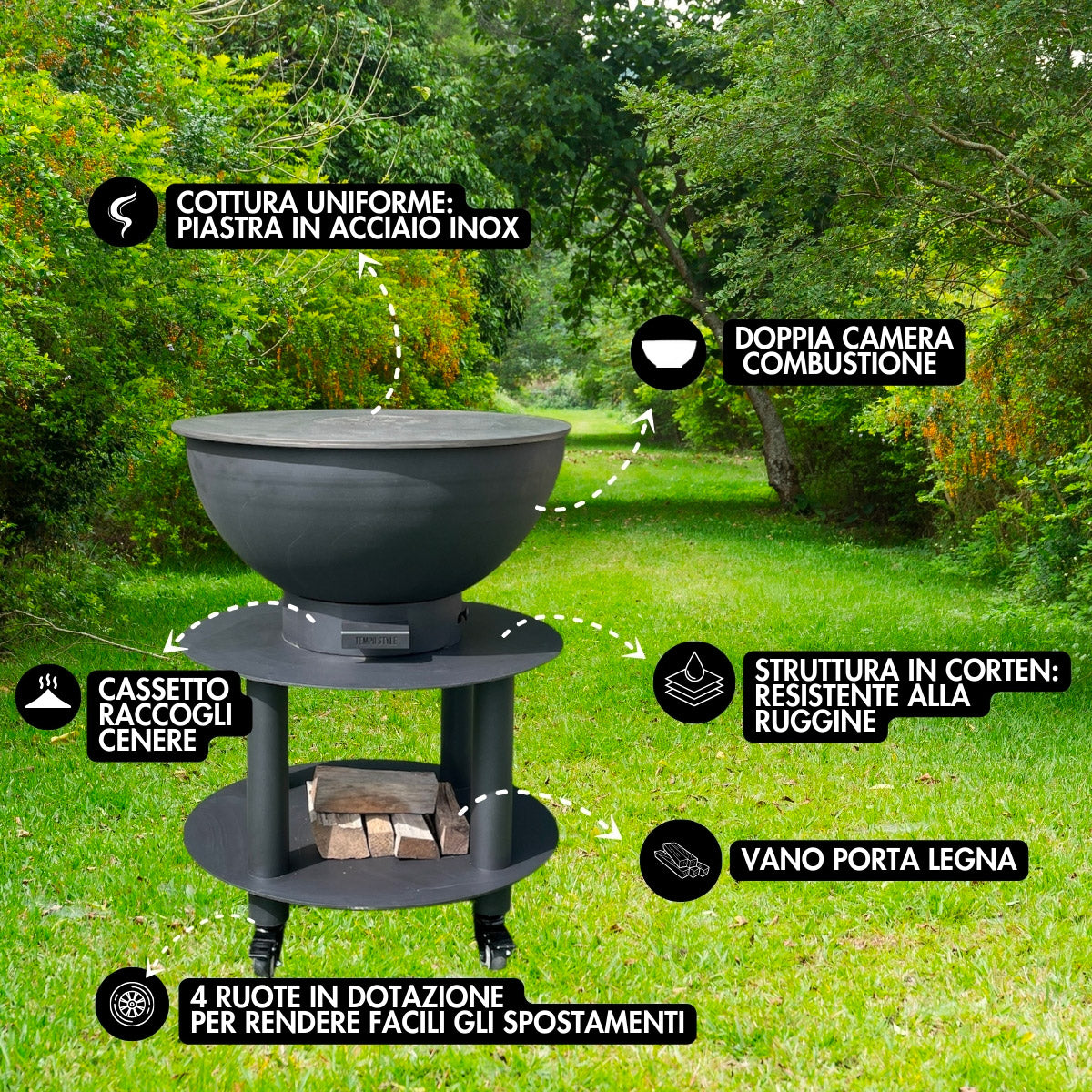 Barbecue a Legna e a Carbone Ø75xH86 cm in Acciaio Corten con Accessori Stromboli Antracite