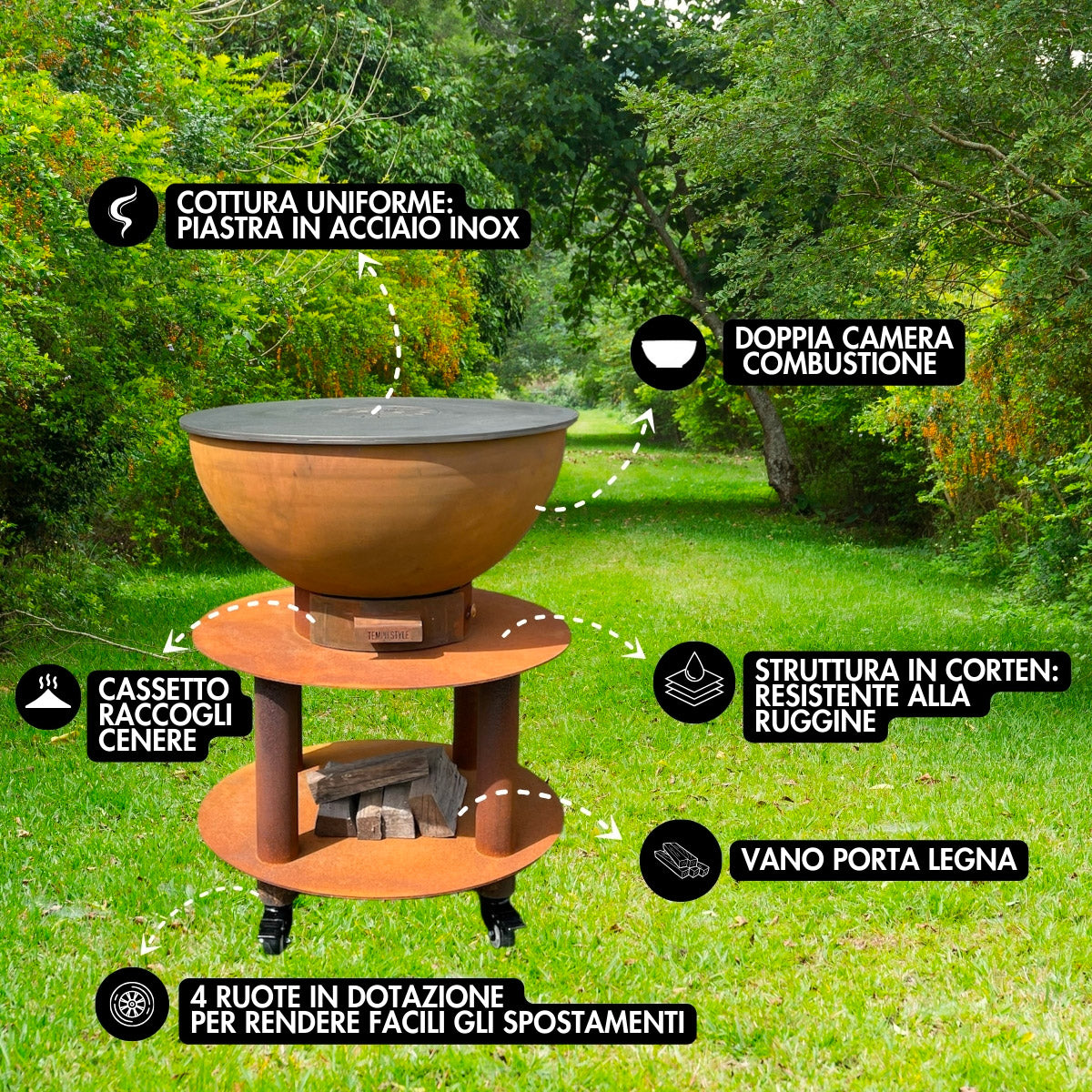 Barbecue a Legna e a Carbone Ø75xH86 cm in Acciaio Corten con Accessori Stromboli Marrone