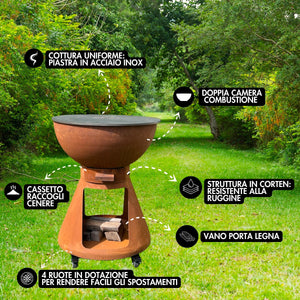 Barbecue a Legna e a Carbone Ø64xH91 cm in Acciaio Corten con Accessori Yucatán Marrone