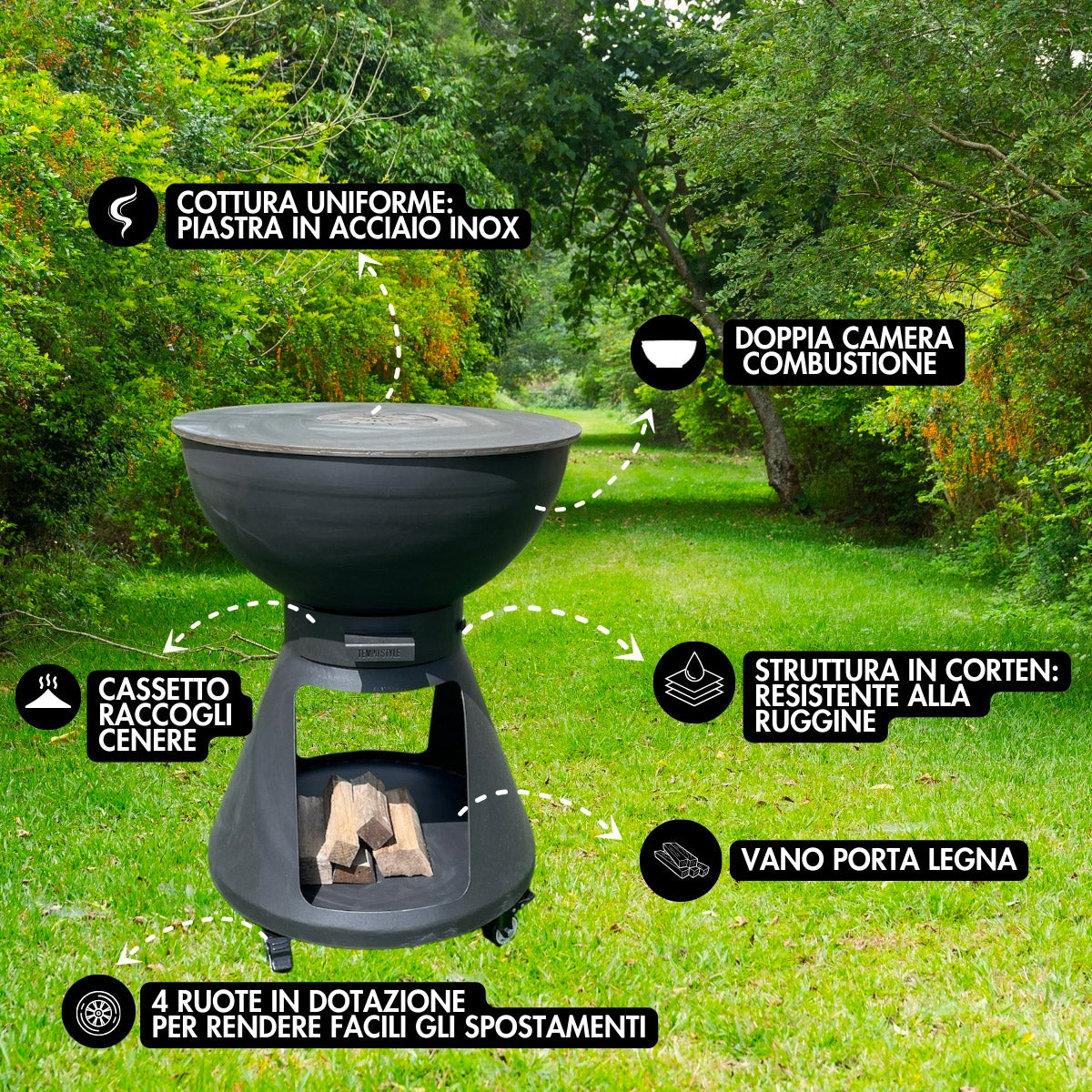 Barbecue a Legna e a Carbone Ø64xH91 cm in Acciaio Corten con Accessori Yucatán Antracite