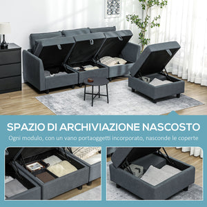 Divano 3 Posti Componibile Modulare con Pouf Poggiapiedi e Cuscini 213x156x88 cm Grigio Scuro