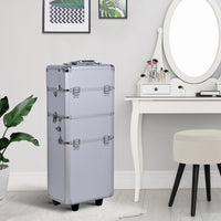 EasyComfort Valigetta Beauty Case 2 in 1 con Maniglia Regolabile su 3 Livelli e Ruote, Trucco Professionale Trolley per Make Up in Alluminio, 35.5x23x105 cm, Argento