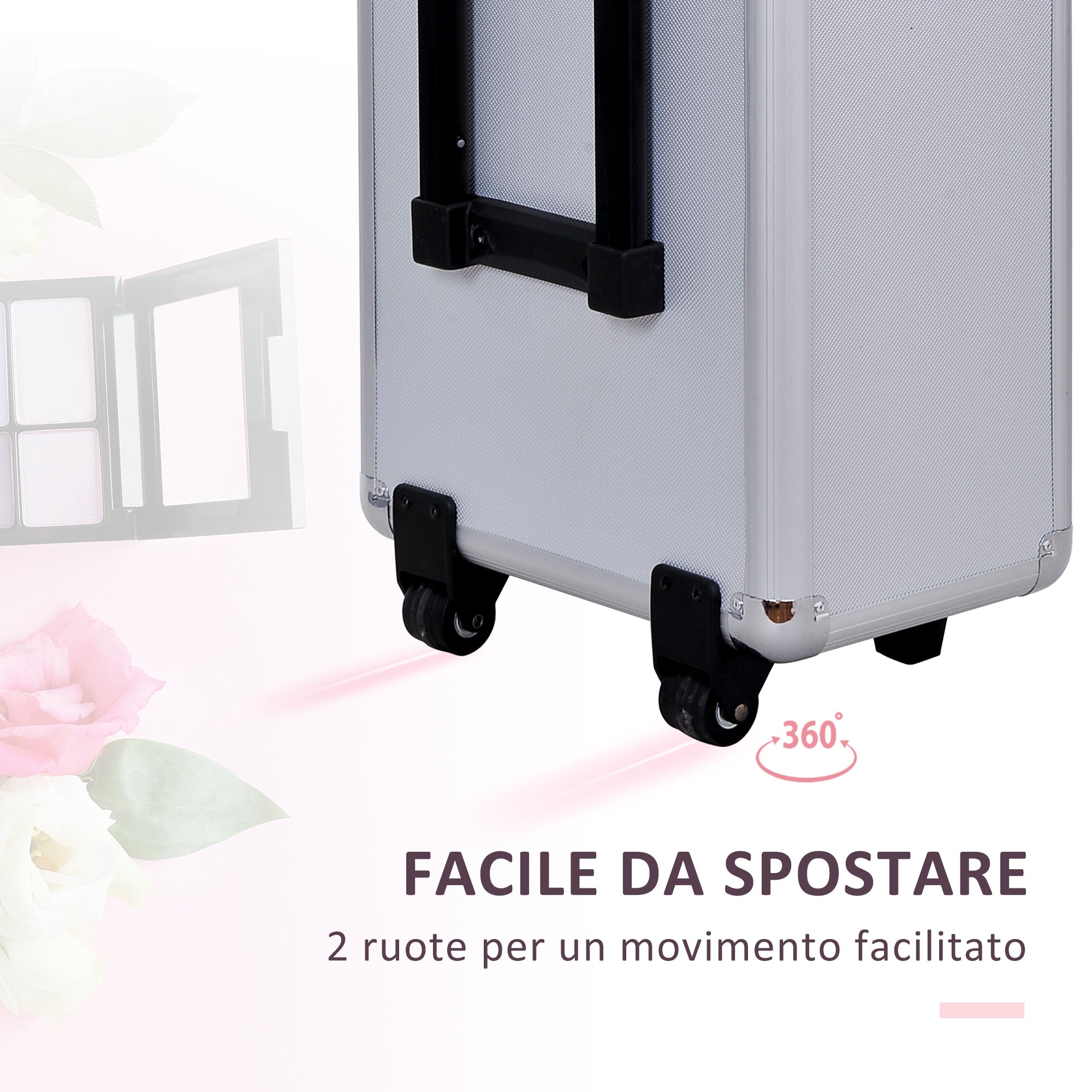 EasyComfort Valigetta Beauty Case 2 in 1 con Maniglia Regolabile su 3 Livelli e Ruote, Trucco Professionale Trolley per Make Up in Alluminio, 35.5x23x105 cm, Argento