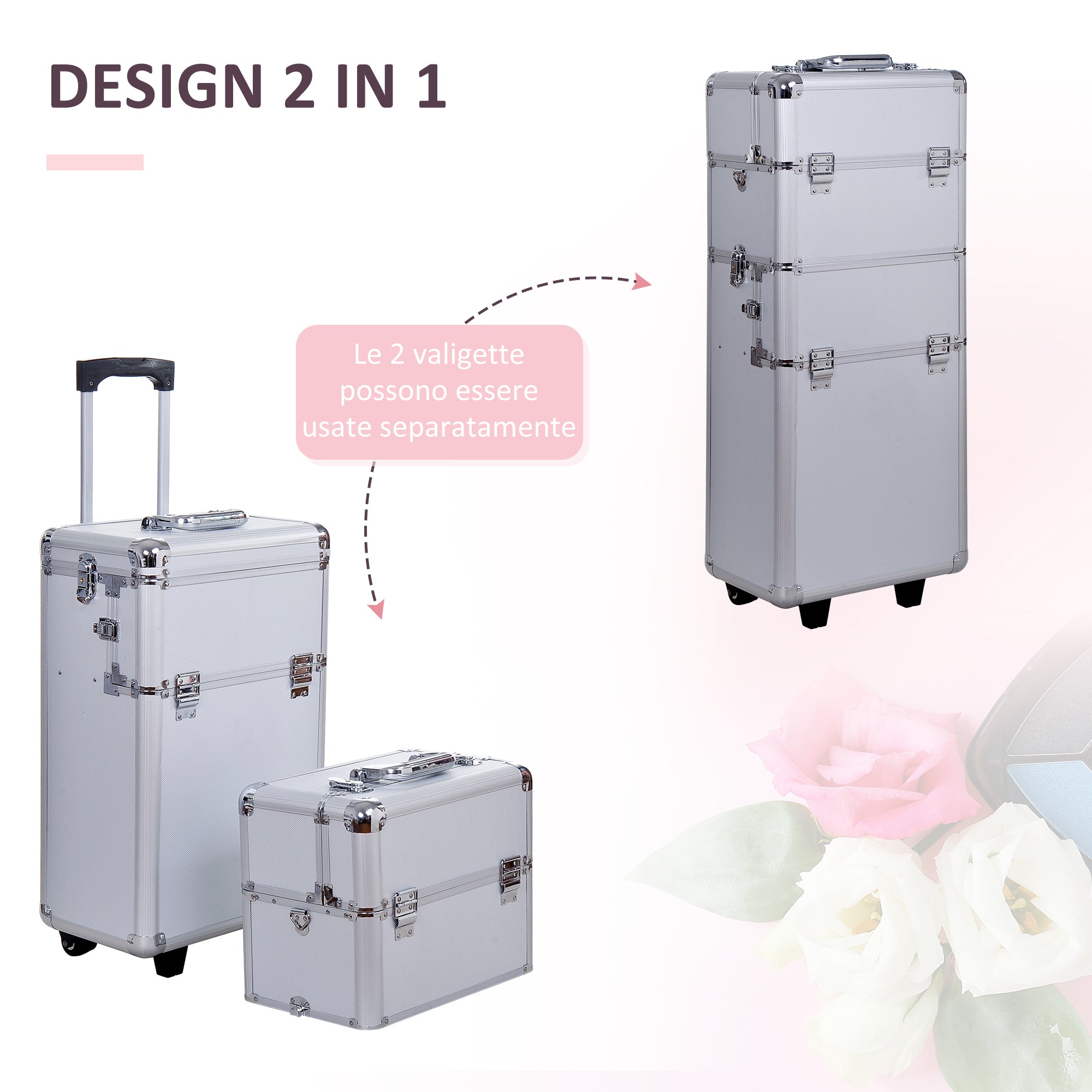 EasyComfort Valigetta Beauty Case 2 in 1 con Maniglia Regolabile su 3 Livelli e Ruote, Trucco Professionale Trolley per Make Up in Alluminio, 35.5x23x105 cm, Argento