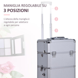 EasyComfort Valigetta Beauty Case 2 in 1 con Maniglia Regolabile su 3 Livelli e Ruote, Trucco Professionale Trolley per Make Up in Alluminio, 35.5x23x105 cm, Argento