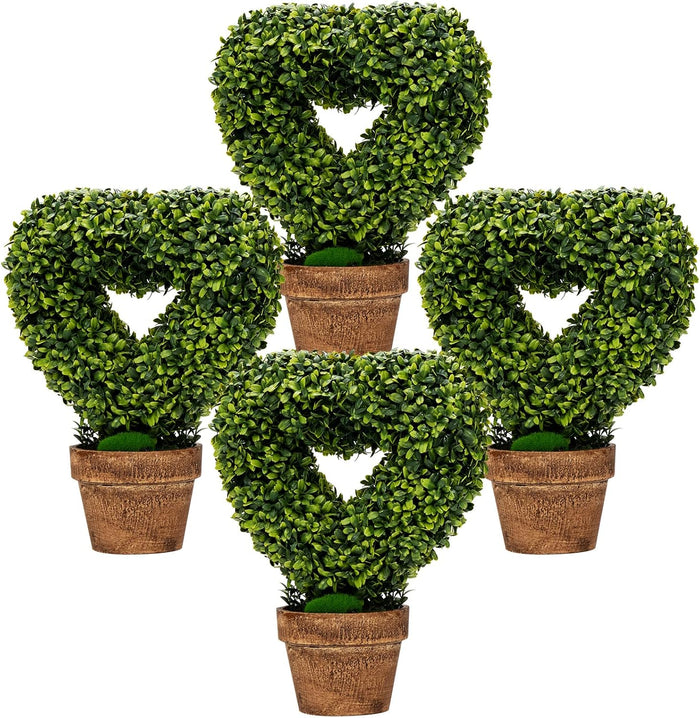 Set 4 Alberi Artificiali a Forma di Cuore in Vaso, Albero di Crittogame da Tavolo con Base in Cartone Biodegradabile, Piante Finte per Casa, Negozio e Ufficio, Verde